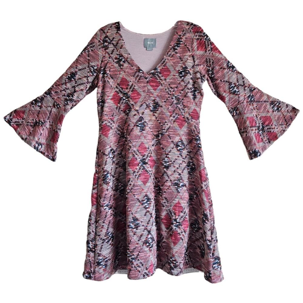 ANTHROPOLOGIE MAEVE S Erina Dress Fit & Flare Woven Knit Argyle Pink Lined